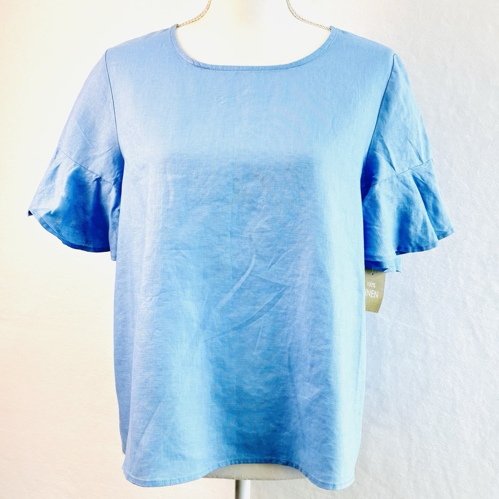For Cynthia Linen Shirt Blouse Top Ruffle Sleeve Light Blue Women's Petite Large
